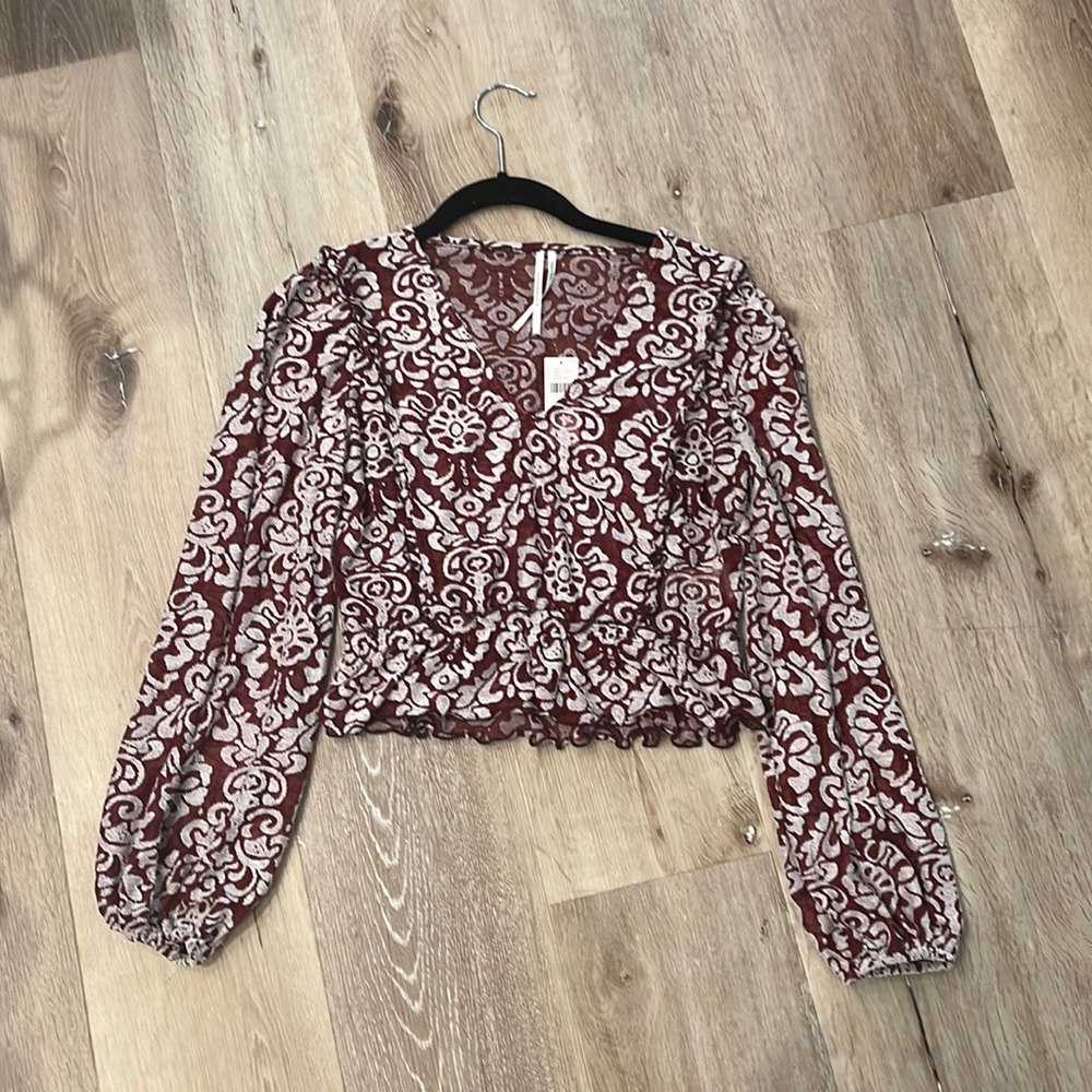 NWT Anthropologie Jacquard Peasant Blouse XXS Boho Cropped Burgundy Cream